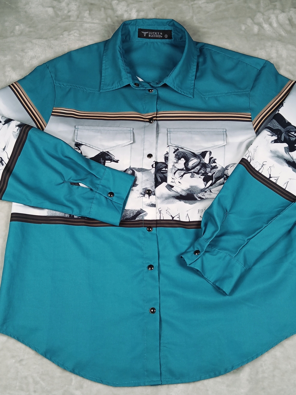 Western Pearl Snap Shirt S Men's Long Sleeve Cowboy Rodeo Teal Lucky & Blessed